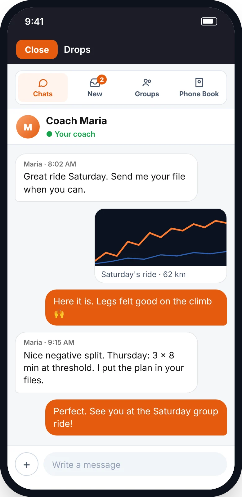 A Drops conversation between a client and their coach