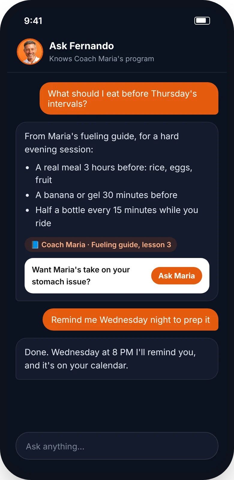 Ask Fernando answering from the coach's program with a button to ask the coach