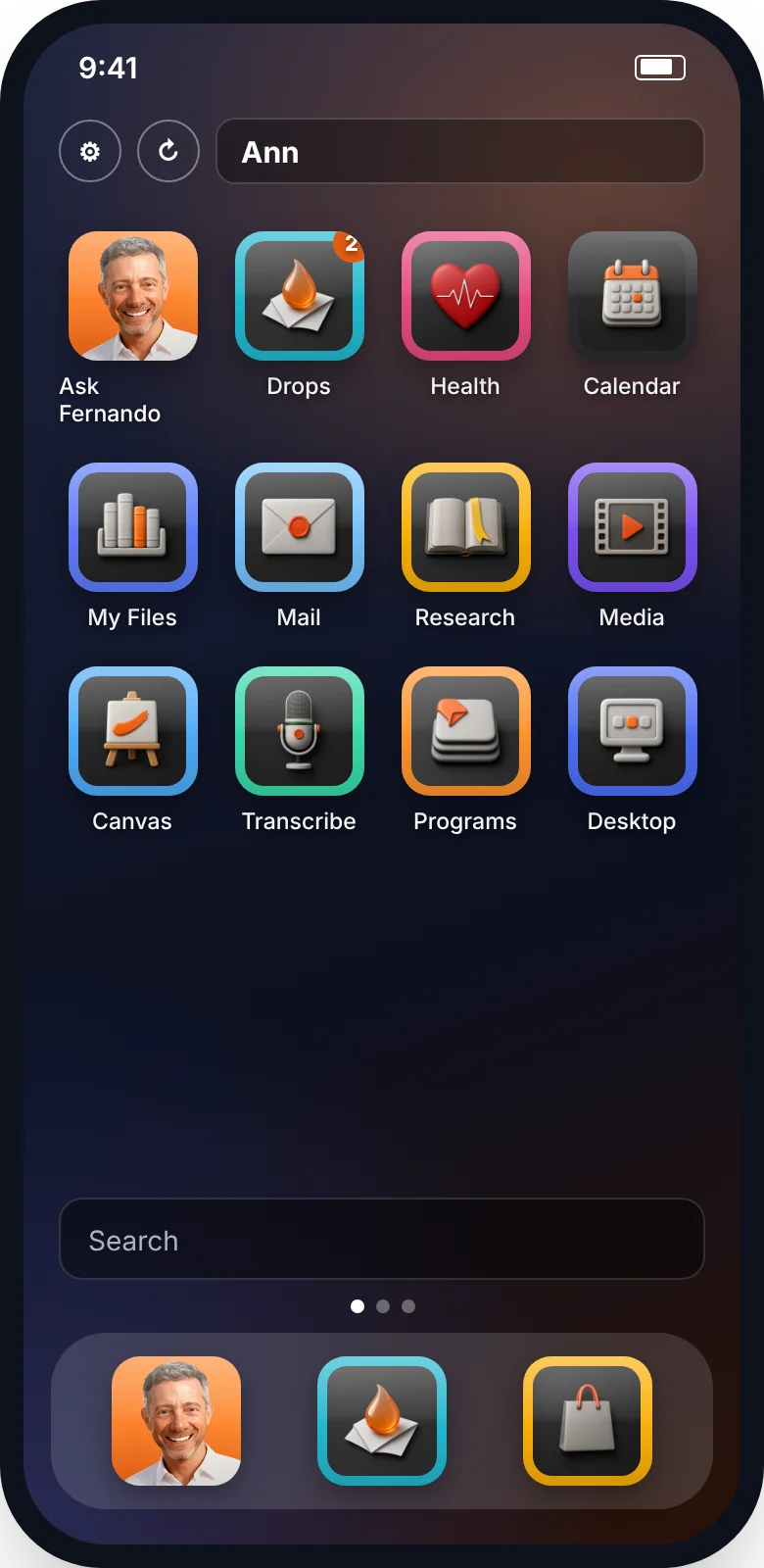 A client's private vault home screen with Ask Fernando, Drops, files and apps